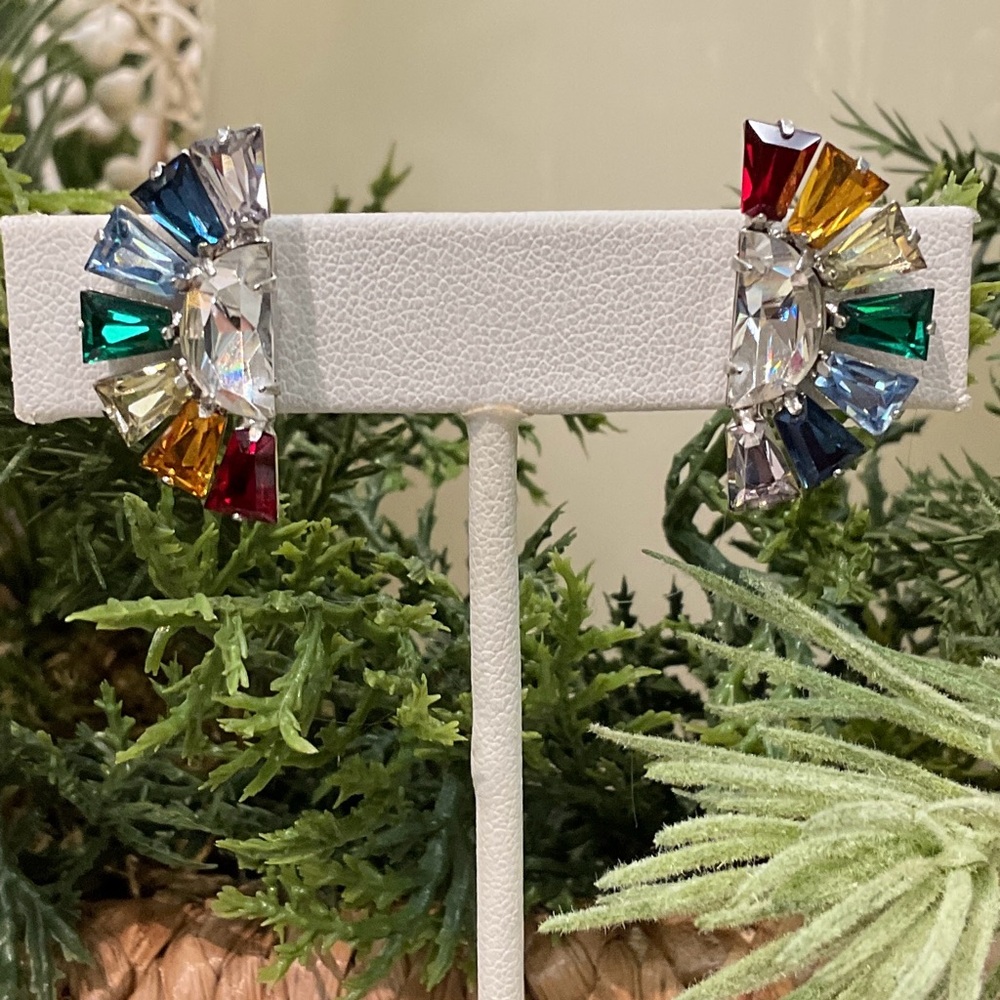 B. David Clip On Multicolor Crystal Earrings